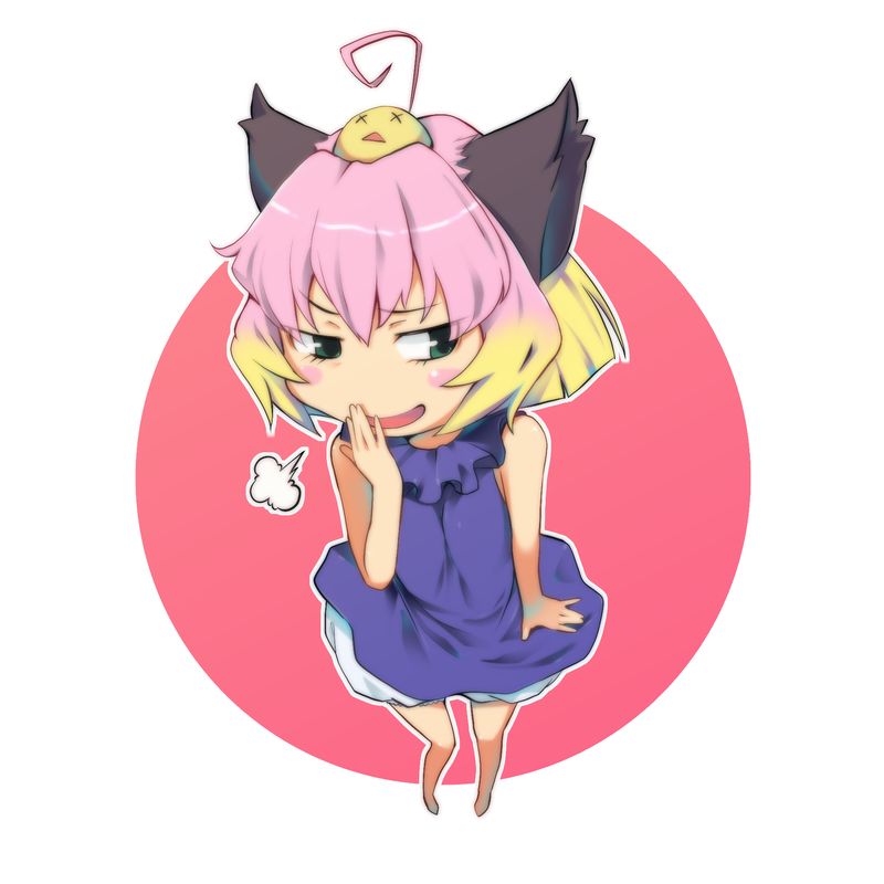 00s 1girl ahoge animal animal_ears animal_on_head bad_id bad_pixiv_id bird bird_on_head blush_stickers dress female_focus gradient_hair green_eyes honihoni honis multicolored_hair on_head pink_hair potemayo potemayo_(character) solo yellow_eyes
