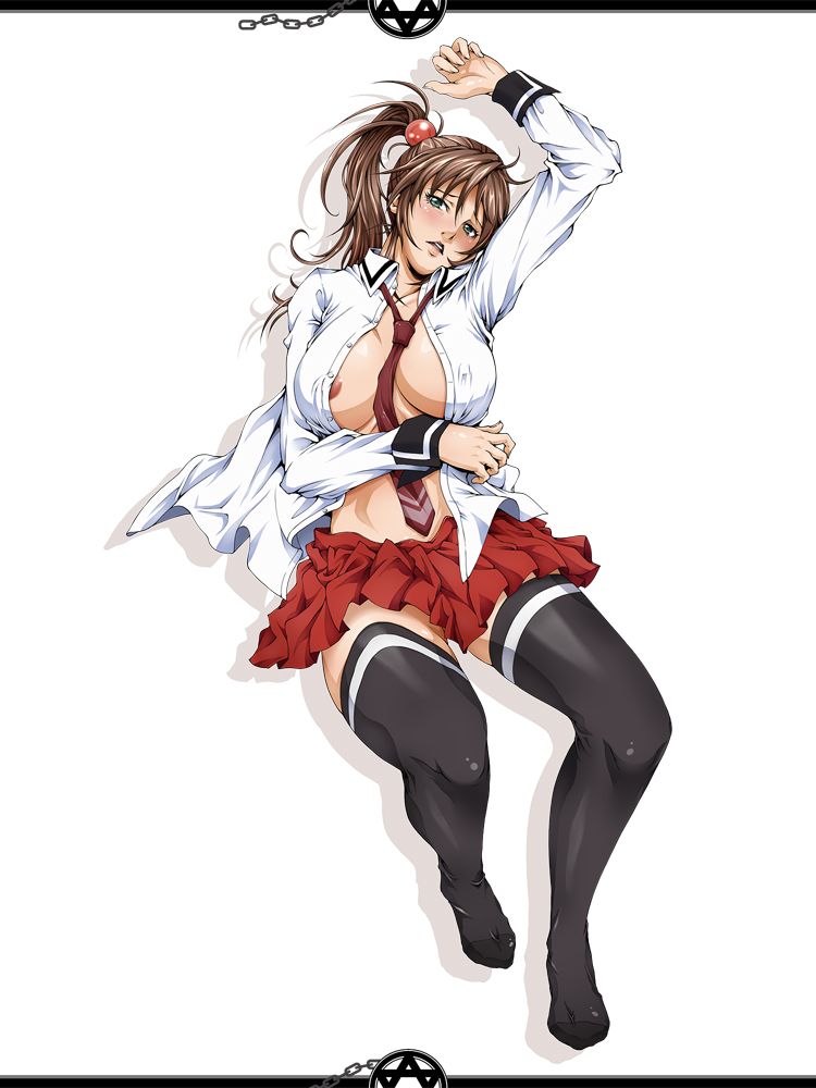 1girl areola_slip bible_black black_thighhighs breasts brown_hair covered_erect_nipples full_body green_eyes imari_kurumi large_breasts long_hair lying miniskirt necktie no_shoes on_back open_clothes open_shirt parted_lips pleated_skirt red_necktie red_skirt retorou school_uniform shirt side_ponytail simple_background skirt solo thighhighs white_background white_shirt