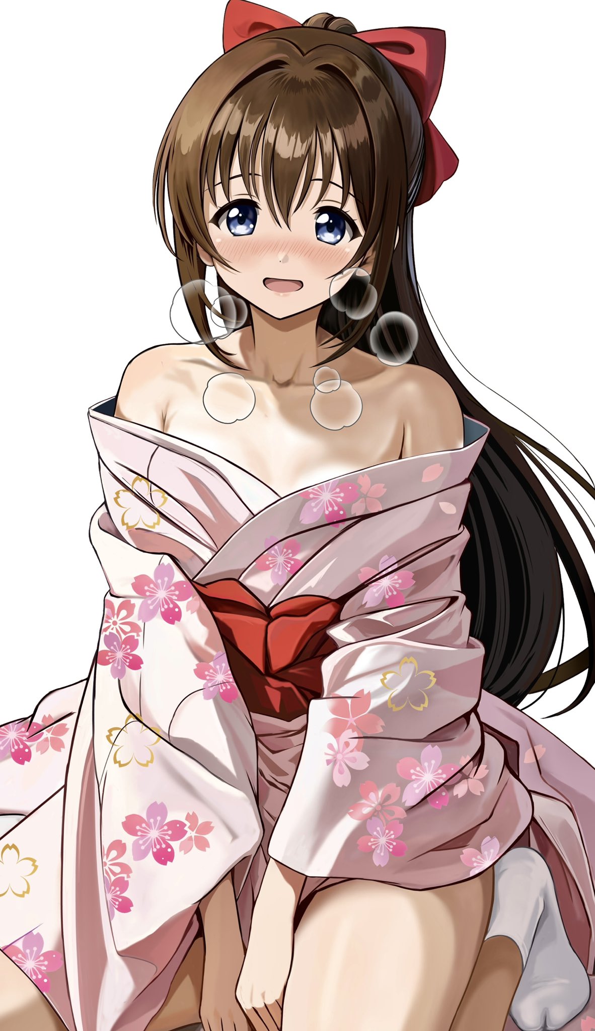 1girl bare_shoulders between_legs bow brown_hair cherry_blossom_print collarbone commentary_request floral_print floral_print_kimono grey_eyes hair_bow hand_between_legs highres japanese_clothes kimono looking_at_viewer love_live! love_live!_nijigasaki_high_school_idol_club obi open_mouth osaka_shizuku pink_kimono print_kimono red_bow red_sash sash sitting socks solo squeans tabi white_socks zaofeng