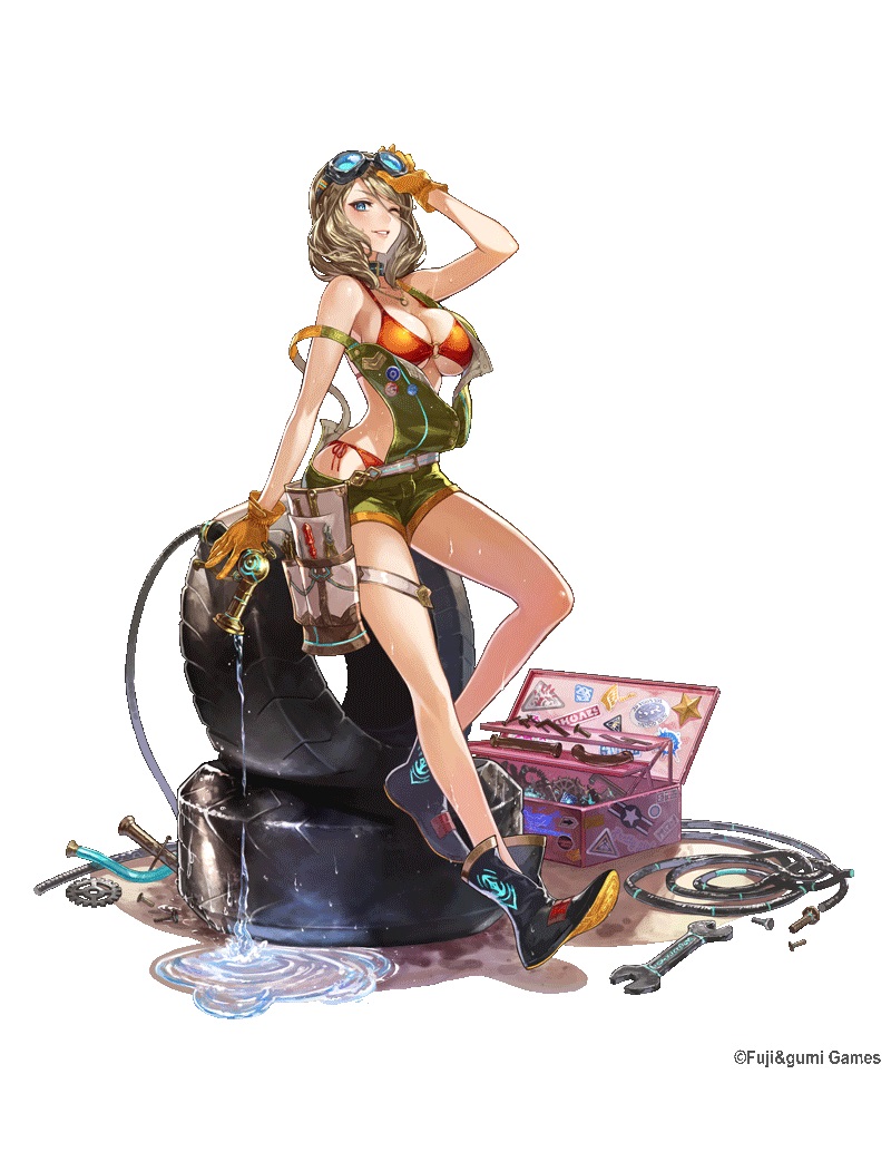 1girl ;d adjusting_eyewear arm_support arm_up belt bikini blonde_hair blue_eyes breasts caris_(ta_ga_tame_no_alchemist) copyright_notice full_body gears gloves goggles goggles_on_head holding large_breasts medium_hair official_alternate_costume official_art omori_yoshiwo one_eye_closed open_mouth orange_bikini screw simple_background smile solo swimsuit ta_ga_tame_no_alchemist third-party_source unused_tire utility_belt wet white_background wrench yellow_gloves