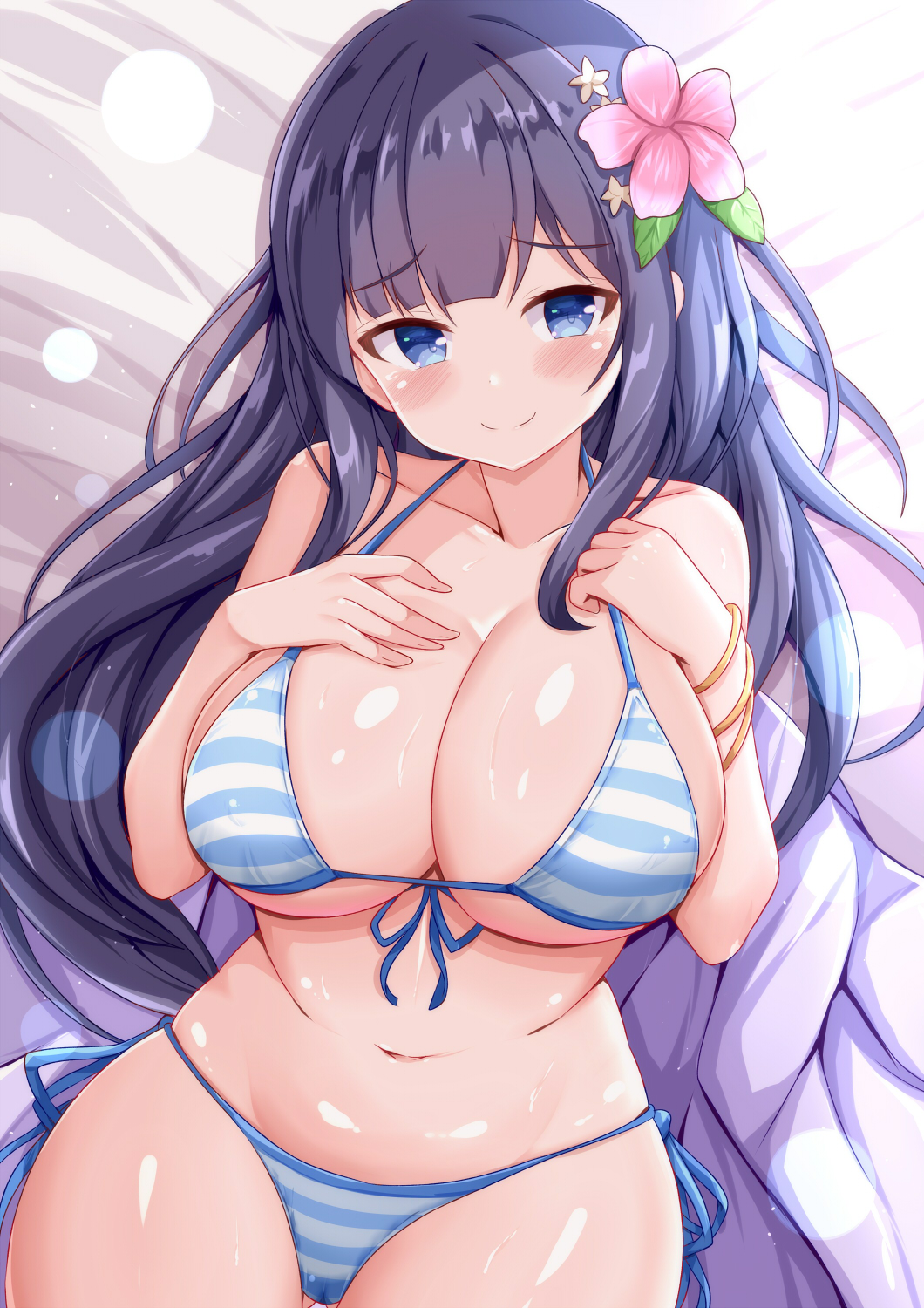 1girl bangle bare_arms bare_shoulders bed_sheet bikini black_hair blue_eyes blush bracelet breasts cleavage closed_mouth collarbone commentary_request flower front-tie_bikini_top front-tie_top hair_flower hair_ornament highres jewelry large_breasts long_hair looking_at_viewer lying misumi_aoi navel on_back ongeki pink_flower side-tie_bikini_bottom smile solo striped_bikini striped_clothes swimsuit very_long_hair xenon_(for_achieve)
