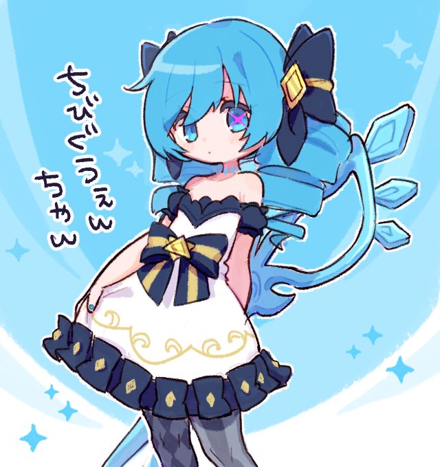 1girl bare_shoulders black_bow black_dress blue_background blue_hair blush bow dress drill_hair green_eyes grey_pantyhose gwen_(league_of_legends) hair_bow league_of_legends nana_(cherry_tommy) pantyhose solo striped_clothes striped_pantyhose translation_request twin_drills twintails white_dress