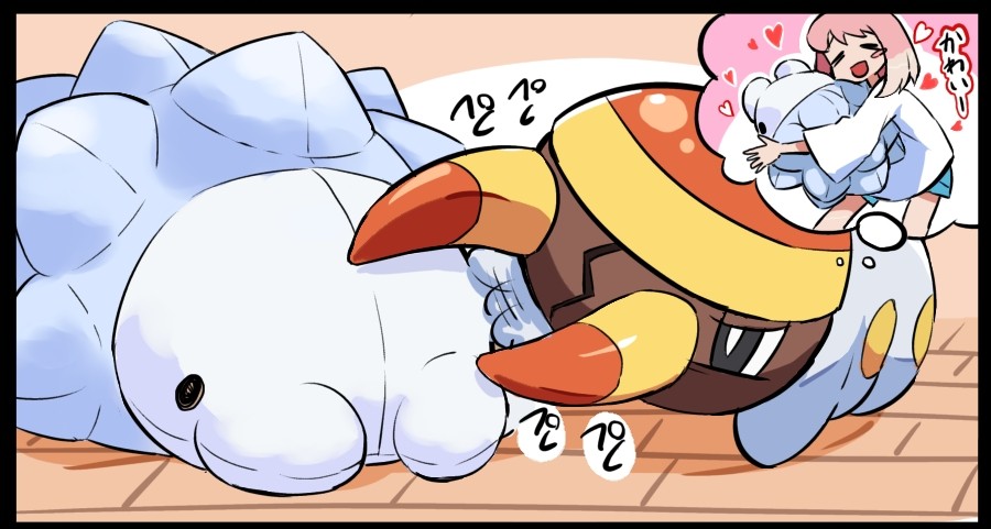 1girl afterimage ayo_(ayosanri009) black_eyes bright_pupils character_doll doll gen_7_pokemon gen_8_pokemon grubbin hashtag-only_commentary heart indoors motion_lines nintendo pokemon pokemon_(creature) snom speech_bubble swiping thought_bubble white_pupils