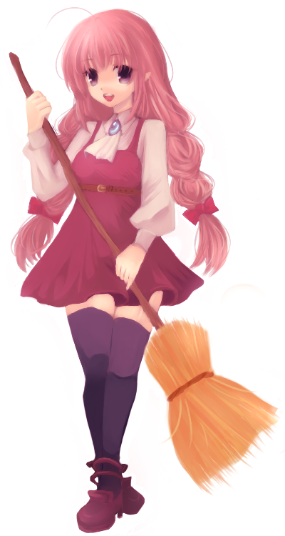 1girl ahoge ascot black_thighhighs blue_brooch braid breasts broom brown_shoes commentary_request draw2_(milkcrown) dress full_body holding holding_broom long_hair looking_at_viewer low_twin_braids low_twintails medium_breasts open_mouth original pinafore_dress pink_hair pointy_ears purple_eyes red_dress shirt shoes simple_background sleeveless sleeveless_dress smile solo thighhighs twin_braids twintails white_ascot white_background white_shirt