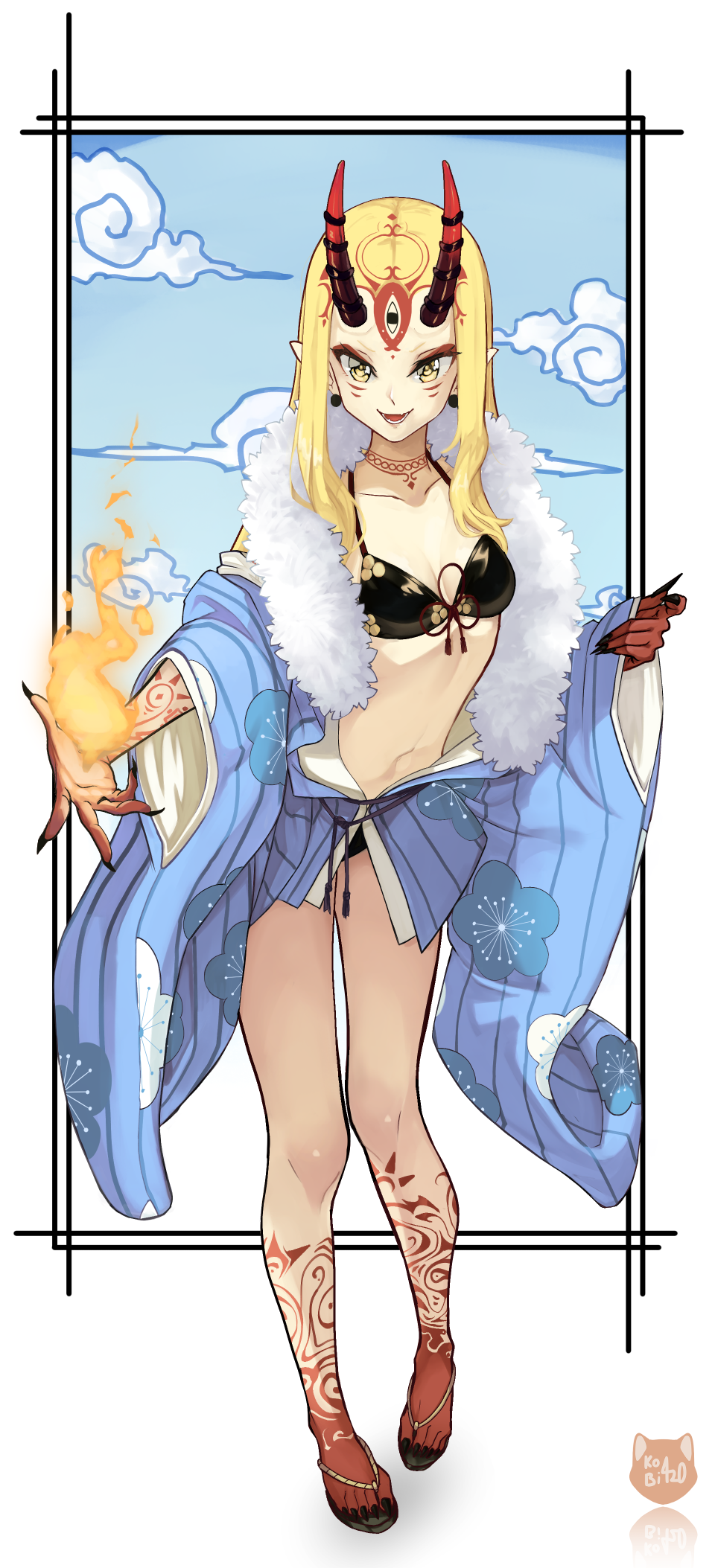 1girl bare_legs bikini black_bikini black_claws black_nails blonde_hair blue_kimono blue_sky border breasts collarbone colored_extremities colored_skin commentary earrings eyeshadow facial_mark fate/grand_order fate_(series) fingernails fire forehead_mark full_body fur-trimmed_kimono fur_trim gift_art gradient_horns highres horn_ornament horn_ring horns ibaraki_douji_(fate) ibaraki_douji_(swimsuit_lancer)_(fate) ibaraki_douji_(swimsuit_lancer)_(first_ascension)_(fate) japanese_clothes jewelry kimono kobi420 long_hair long_sidelocks long_sleeves looking_at_viewer makeup multicolored_horns multicolored_skin nail_polish navel oni open_mouth pointy_ears red_eyeshadow red_horns red_skin sandals shoes sidelocks sky small_breasts smile solo sphere_earrings standing swimsuit teeth toenail_polish toenails two-tone_skin white_border wide_sleeves yellow_eyes zouri
