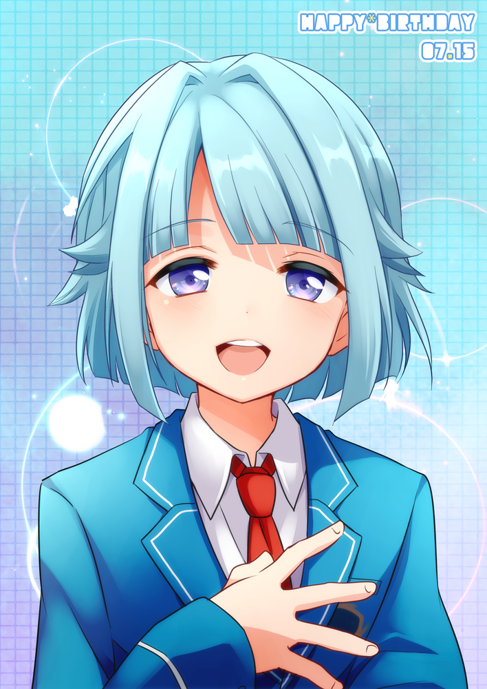 10s 1boy androgynous blue_hair blush dated ensemble_stars! gradient_background happy_birthday jacket male_focus necktie purple_eyes school_uniform shino_hajime smile solo take_no_ko