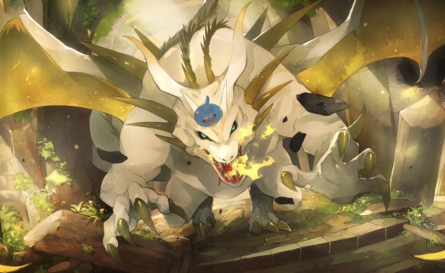 animal_focus black_sclera breath_weapon breathing_fire character_request claws colored_sclera day dragon dragon_quest fire grass green_eyes horns indoors ivy light_rays linne_(hld_doreko) moss on_head open_mouth pillar rubble ruins running_towards_viewer sharp_teeth slime_(creature) slime_(dragon_quest) slit_pupils stairs sunlight teeth wings