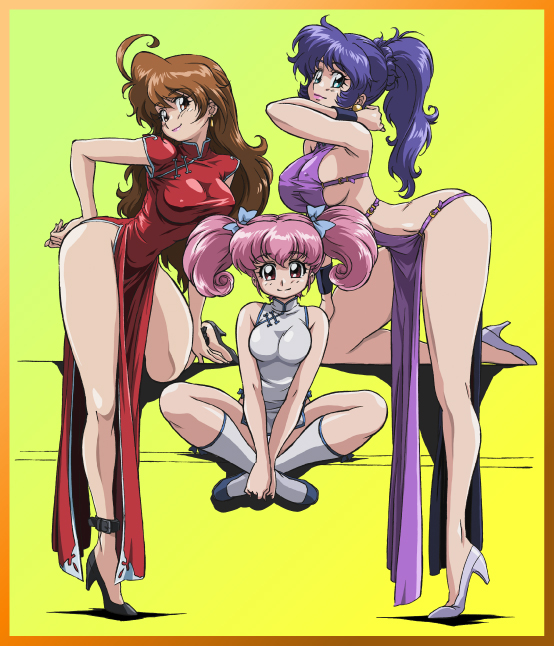 3girls ankle_cuffs arisugawa_mayuko blonde_hair blue_eyes blue_hair breasts brown_eyes brown_hair china_dress chinese_clothes dress hair_ornament hair_ribbon hanao_usagi high_heels highleg large_breasts long_hair looking_at_viewer lotus_position moriyama_izumi multiple_girls pelvic_curtain pink_hair ponytail red_eyes retro_artstyle ribbon shoes side_slit sideboob sitting smile socks twintails uchida_yorihisa yellow_background