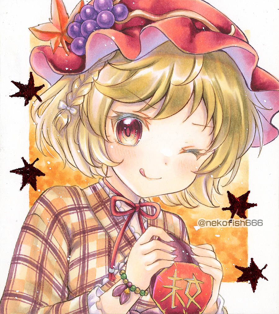 1girl :q aki_minoriko aki_minoriko_(sweet_sister_god) alternate_hairstyle blonde_hair blush bow braid closed_mouth commentary_request grape_hat_ornament hair_bow hat holding long_sleeves looking_at_viewer mob_cap neck_ribbon nekofish666 one_eye_closed orange_eyes orange_hat red_ribbon ribbon single_braid smile solo tongue tongue_out touhou touhou_lostword traditional_media twitter_username white_bow