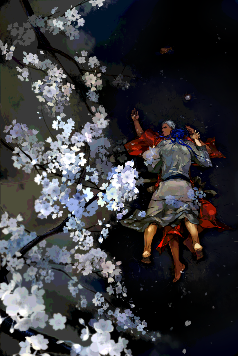 2boys archer_(fate) blue_hair crimo cu_chulainn_(fate) cu_chulainn_(fate/stay_night) dark-skinned_male dark_skin fate/stay_night fate_(series) flower highres japanese_clothes kimono long_hair multiple_boys ponytail tree white_hair