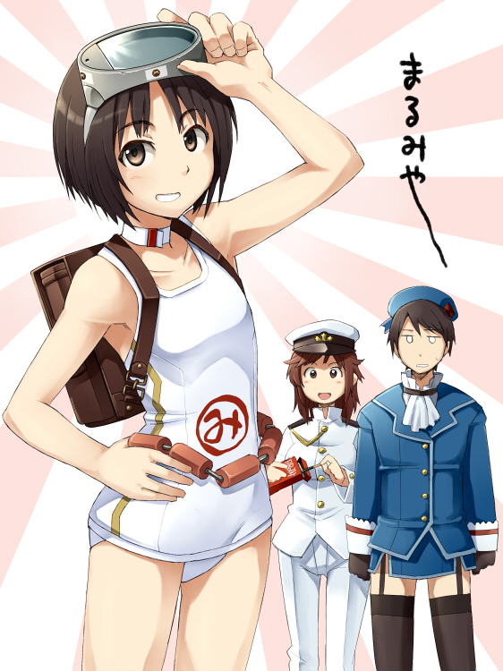 1boy 2girls :d :| adjusting_goggles amagami armpits arms_at_sides ascot bare_shoulders beret black_gloves black_hair black_thighhighs blue_headwear blue_jacket blue_skirt blush bob_cut box breasts briefcase brown_bag brown_eyes brown_hair character_name choker closed_mouth collarbone commentary cosplay crossdressing diving_mask diving_mask_on_head feet_out_of_frame female_admiral_(kancolle) female_admiral_(kancolle)_(cosplay) food garter_straps gloves goggles goggles_on_head grin hand_on_own_hip hand_to_head hat holding holding_box holding_food holding_pocky jacket jitome kantai_collection long_sleeves looking_at_another looking_at_viewer maru-yu_(kancolle) maru-yu_(kancolle)_(cosplay) medium_hair messy_hair military_uniform multiple_girls nameplay naval_uniform old_school_swimsuit one-piece_swimsuit open_mouth pants parted_lips peaked_cap pocky rising_sun_flag sakura_(medilore) sakurai_rihoko school_briefcase school_swimsuit short_hair single_vertical_stripe skirt small_breasts smile solo_focus standing sunburst sweatdrop swimsuit tachibana_jun&#039;ichi tachibana_miya takao_(kancolle) takao_(kancolle)_(cosplay) thighhighs white_ascot white_choker white_headwear white_jacket white_one-piece_swimsuit white_pants zettai_ryouiki