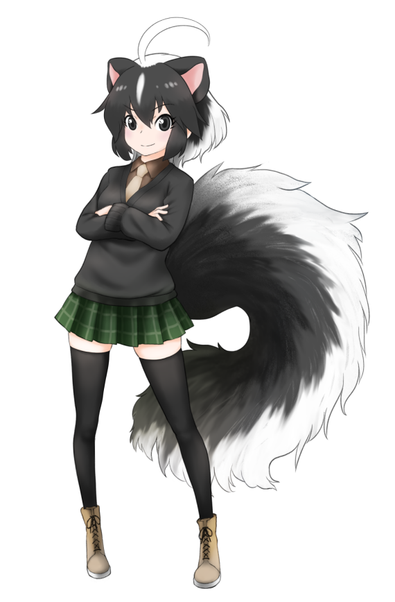 10s 1girl ahoge beige_neckwear black_hair black_sweater black_thighhighs boots brown_shirt crossed_arms extra_ears female_focus full_body green_skirt hair_between_eyes huge_ahoge ise_(0425) kemono_friends large_tail looking_at_viewer multicolored_hair necktie plaid_clothes plaid_skirt pleated_skirt shirt simple_background skirt smile solo standing striped_skunk_(kemono_friends) sweater tail thighhighs two-tone_hair white_background white_hair zettai_ryouiki