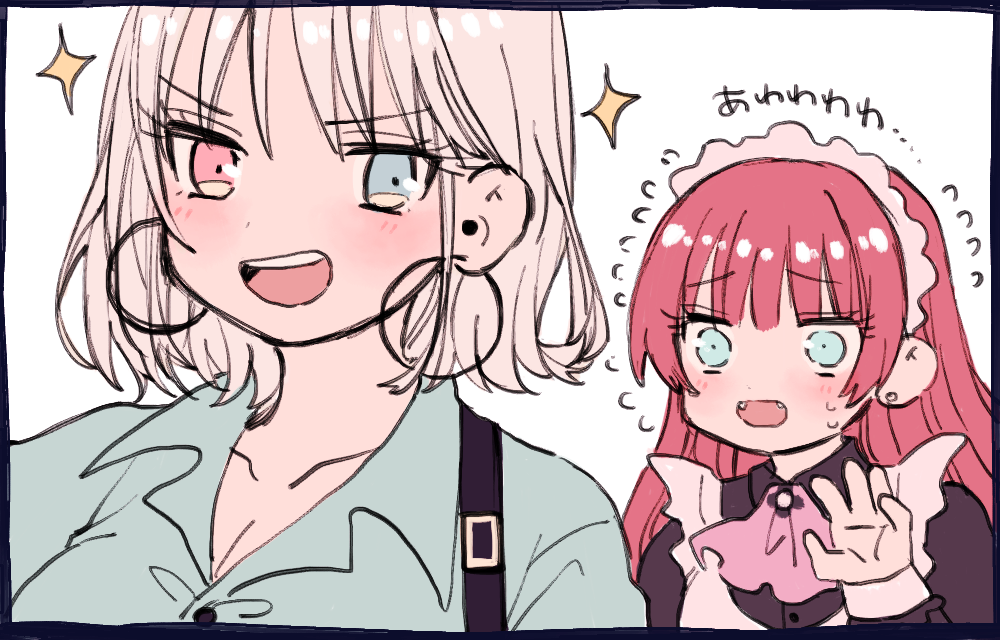 2girls amane_(7783) ascot black_dress blue_eyes blue_shirt blush breasts cleavage commentary_request dress earrings fangs heterochromia jewelry long_hair maid maid_headdress multiple_girls nervous_sweating open_mouth original pink_ascot pink_eyes red_hair shirt short_hair sweat translation_request white_hair