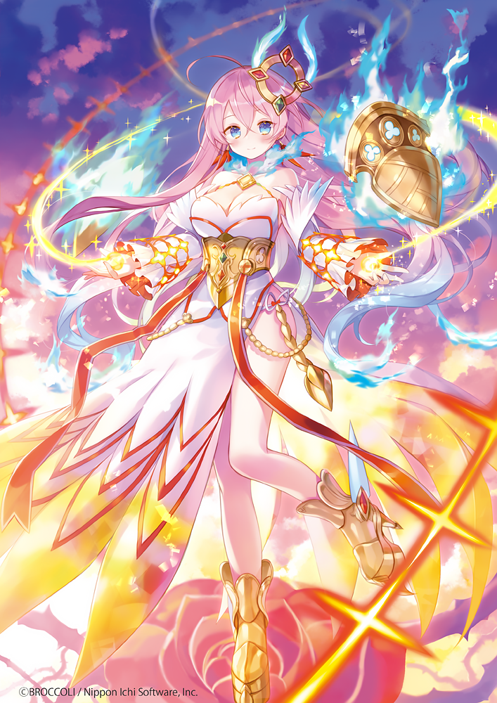 1girl ahoge aqua_hair aura blue_eyes breasts cleavage closed_mouth copyright_notice dress gold_shoes gradient_hair gradient_sky hair_between_eyes hair_ornament ibara_riato kamiyugi_sakura large_breasts long_hair multicolored_hair official_art pink_hair shoes sky sleeveless solo sparkle white_dress z/x