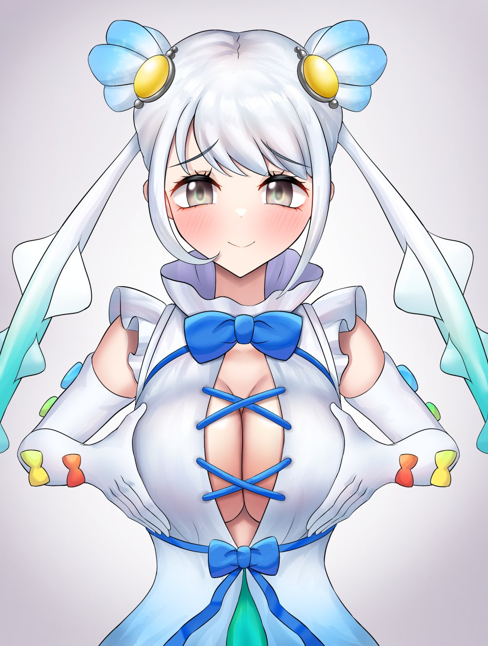 1girl alternate_breast_size animal_ears black_hair blonde_hair blue_hair blush bow bowtie breasts breasts_squeezed_together brown_eyes center_opening dress hair_ornament highres kemono_friends kemono_friends_3 large_breasts long_hair looking_at_viewer multicolored_hair neukkom official_alternate_costume ribbon shirt skyfish_(kemono_friends) sleeveless smile solo twintails white_hair