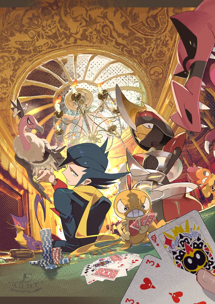 1boy bisharp black_hair card crossed_arms e_volution gen_5_pokemon grimsley_(pokemon) holding holding_card indoors jack_(playing_card) jack_of_diamonds krookodile lantern liepard mandibuzz nintendo playing_card pokemon pokemon_(creature) pokemon_bw poker_chip pov scrafty scraggy slice_of_life three_of_hearts