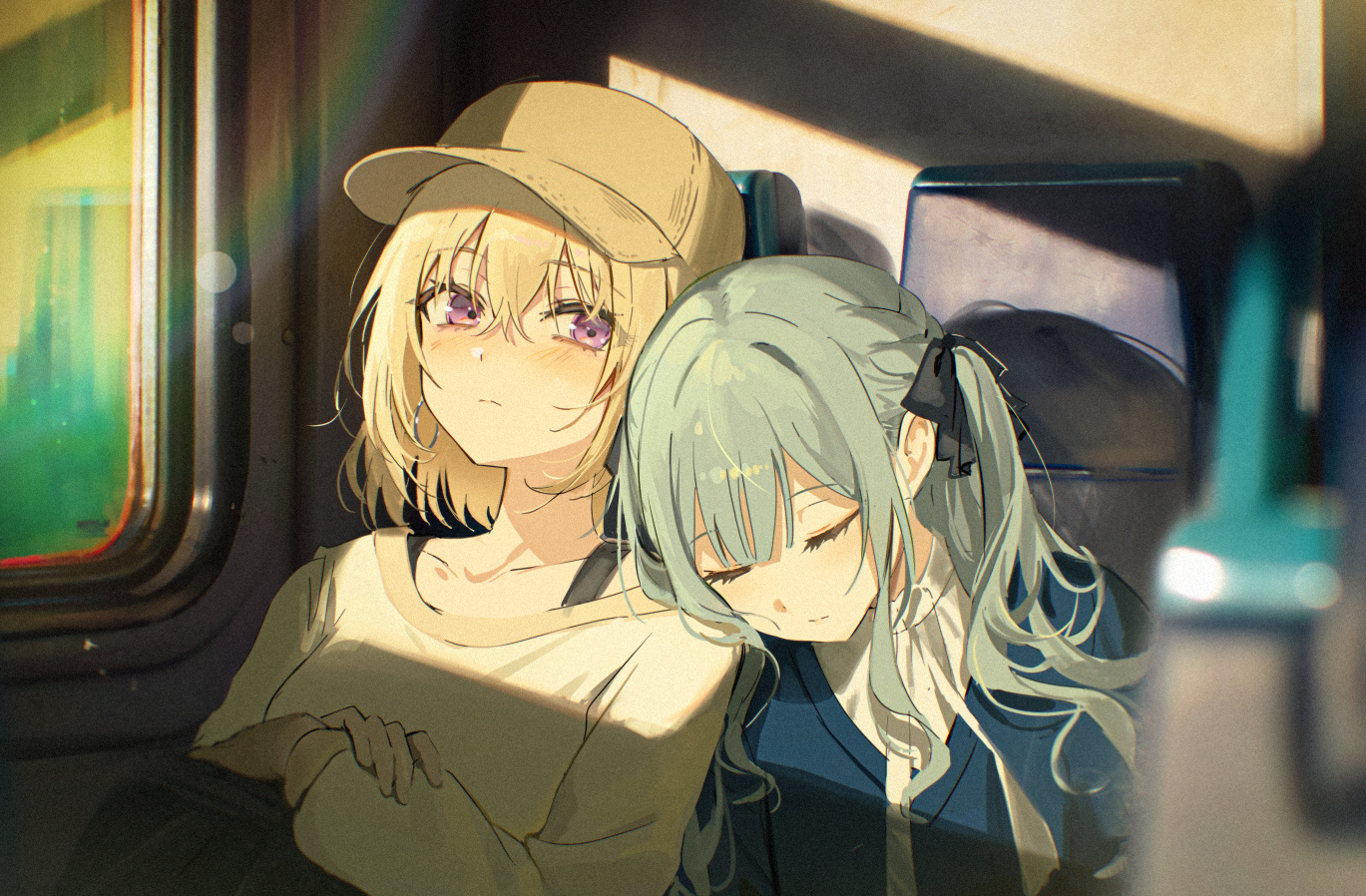 2girls bang_dream! bang_dream!_it&#039;s_mygo!!!!! baseball_cap blonde_hair blue_cape blue_hair blush brown_hat cape closed_mouth commentary hat long_hair long_sleeves looking_at_viewer medium_hair misumi_uika multiple_girls purple_eyes sleeping sleeping_on_person symbol-only_commentary togawa_sakiko tokkyu