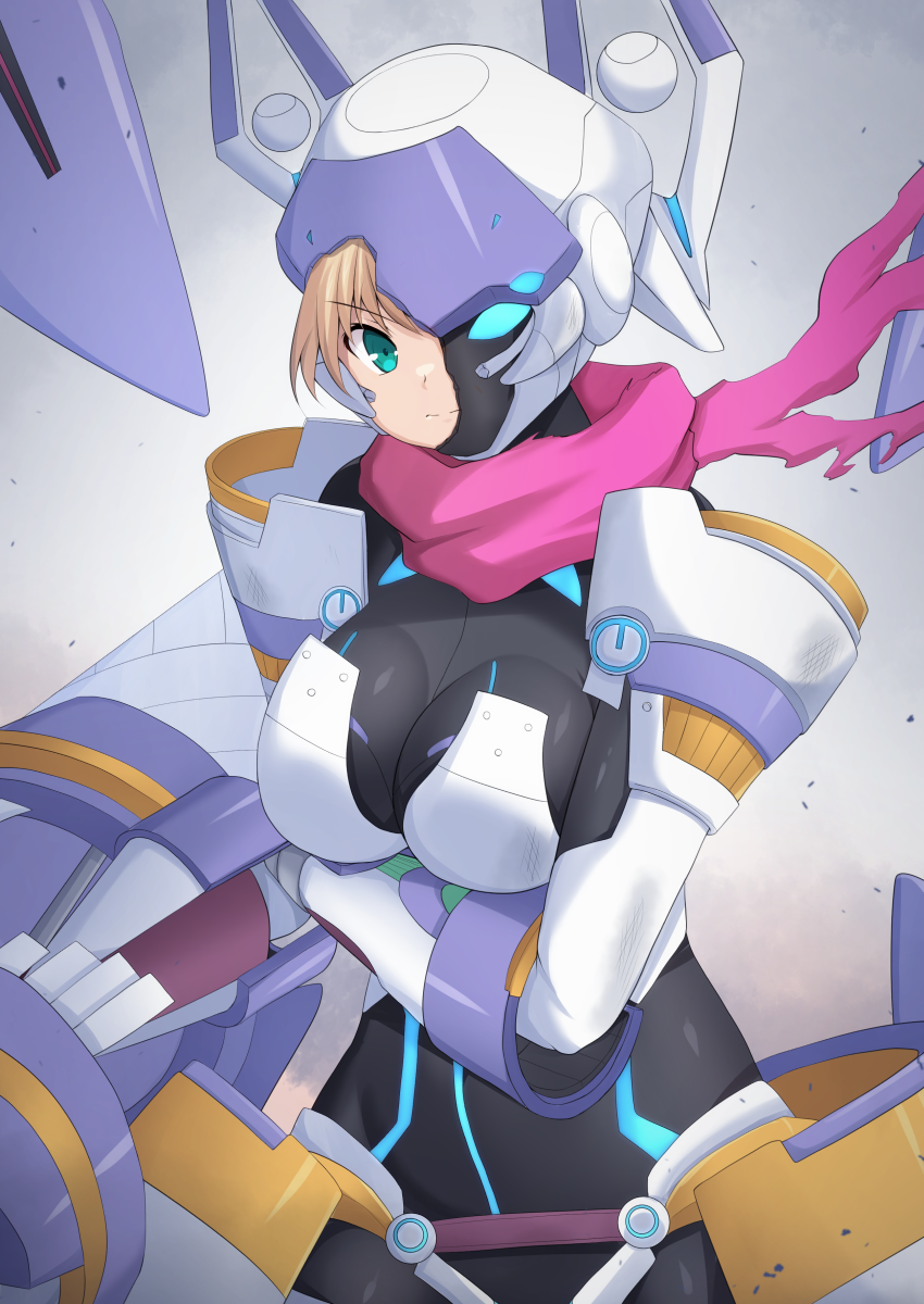 1girl arm_under_breasts armor armored_bodysuit artoria_pendragon_(fate) blonde_hair bodysuit breasts broken_helmet cross_(crossryou) fate/grand_order fate_(series) green_eyes highres holding holding_weapon large_breasts looking_at_viewer mecha mecha_musume mechanical_arms mechanical_legs mechanical_wings mysterious_heroine_x_(fate) mysterious_heroine_xx_(fate) mysterious_heroine_xx_(first_ascension)_(fate) power_armor power_suit robot scarf solo twinmyniad_(fate) weapon wings