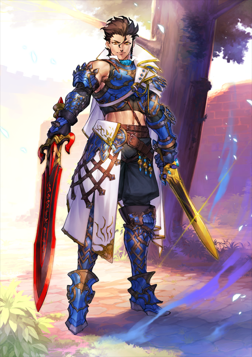 1boy armor armored_boots armored_gloves arms_at_sides azusa_(hws) beagalltach_(fate) belt belt_buckle black_boots black_gloves blue_armor boots bracer braid braided_sidelock breastplate brown_belt brown_hair buckle cape closed_mouth cowlick crop_top diarmuid_ua_duibhne_(fate) diarmuid_ua_duibhne_(saber)_(fate) dual_wielding fate/grand_order fate_(series) full_body glint gloves green_shorts hair_between_eyes hair_slicked_back hip_armor holding holding_sword holding_weapon looking_at_viewer male_focus medium_hair midriff moralltach_(fate) muscular muscular_male navel official_art orange_eyes shorts side_cape single_bare_shoulder single_sidelock sleeveless smile solo standing sword third-party_source tree variant_set waist_cape weapon white_cape