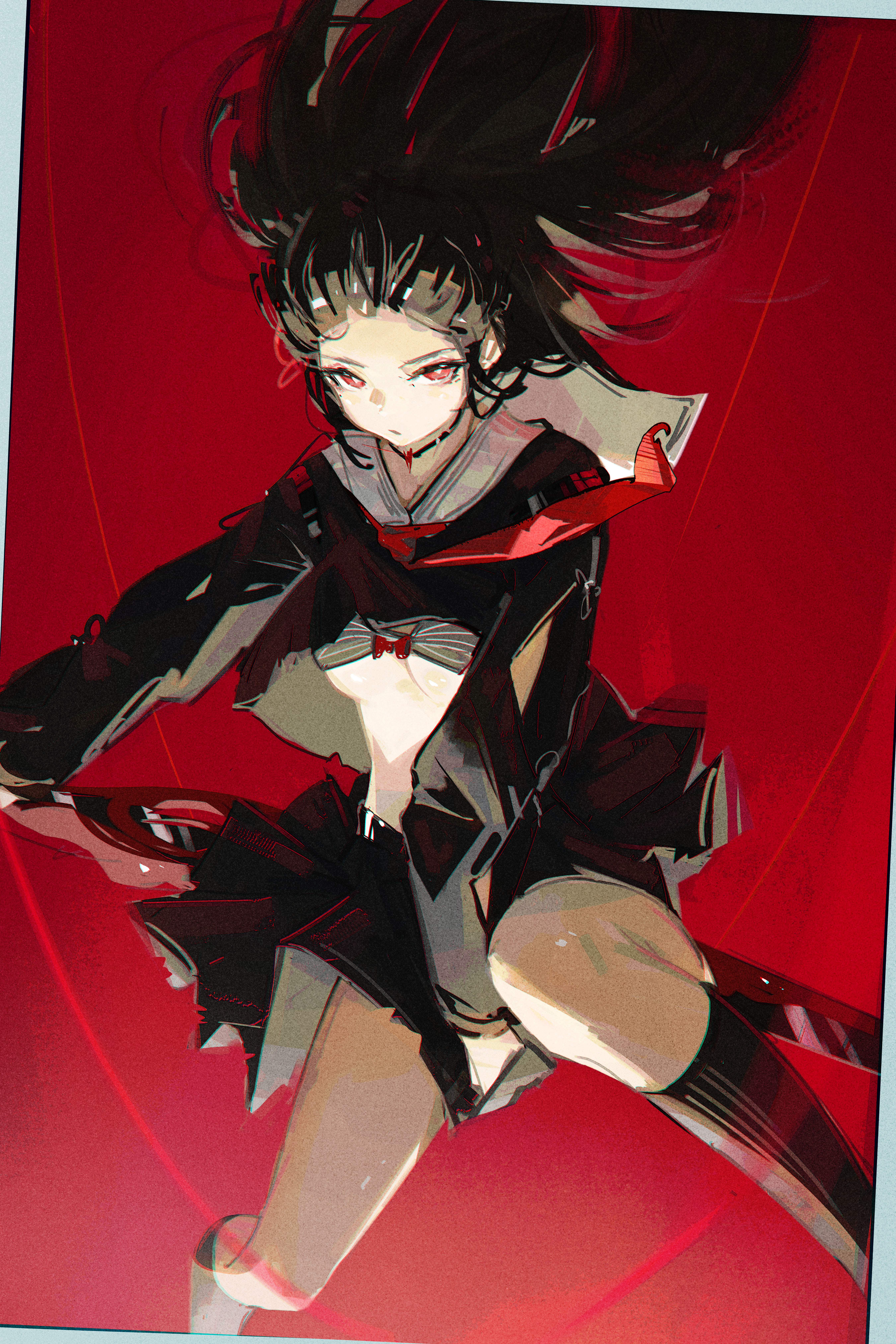 1girl absurdres black_bra black_choker black_hair black_shirt black_skirt black_socks bow bow_bra bra bright_pupils chisa_(wuthering_waves) choker chromatic_aberration closed_mouth clothes_lift commentary dudrinm floating_hair highres holding holding_behind_back holding_sword holding_weapon looking_at_viewer neckerchief red_eyes red_neckerchief sailor_collar shirt shirt_lift skirt socks solo sword underwear weapon white_pupils white_sailor_collar wuthering_waves
