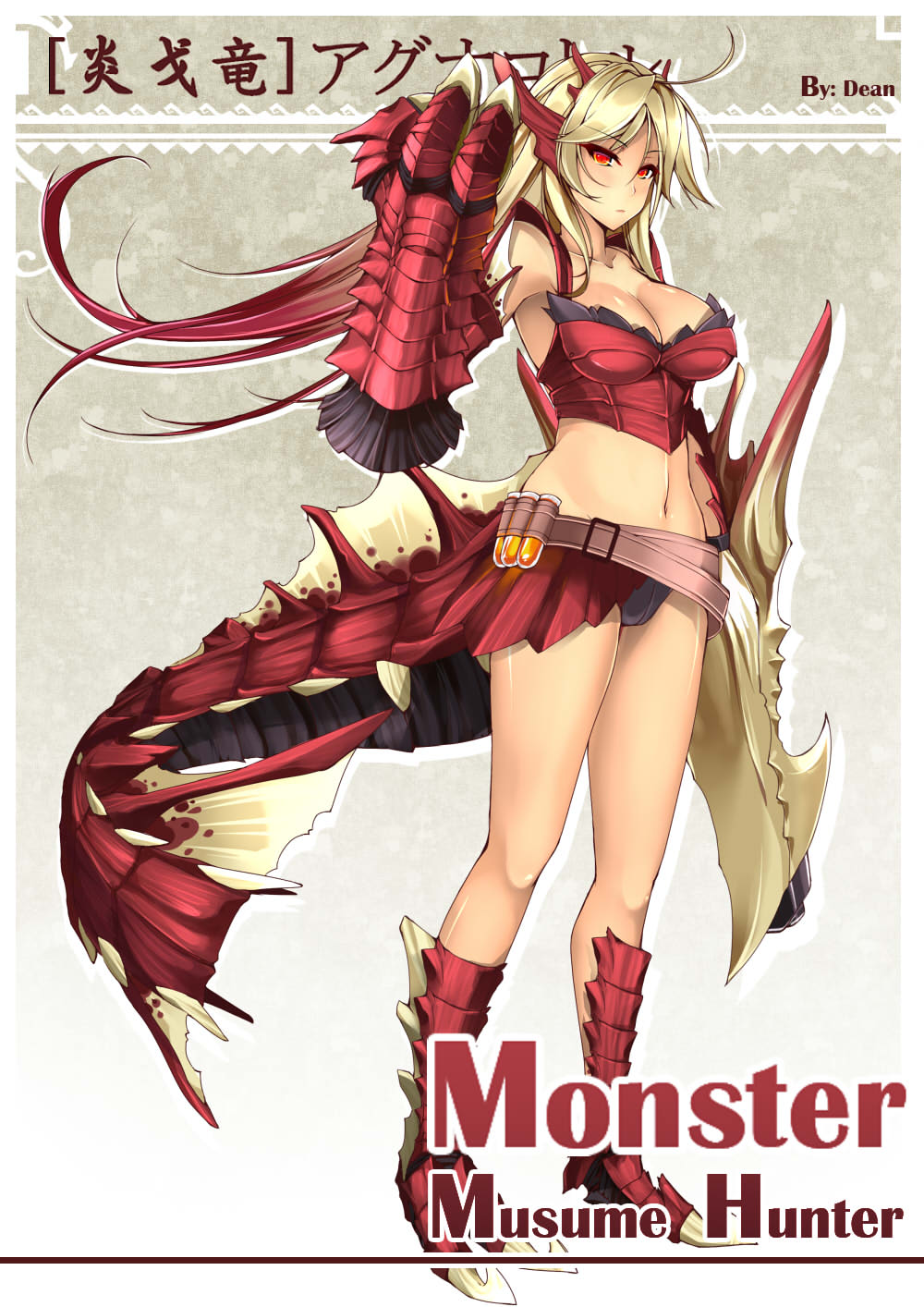 1girl agnaktor blonde_hair claws dean_(momodean) gradient_hair headdress highres monster_hunter_(series) monster_tail multicolored_hair navel personification red_eyes red_hair tail