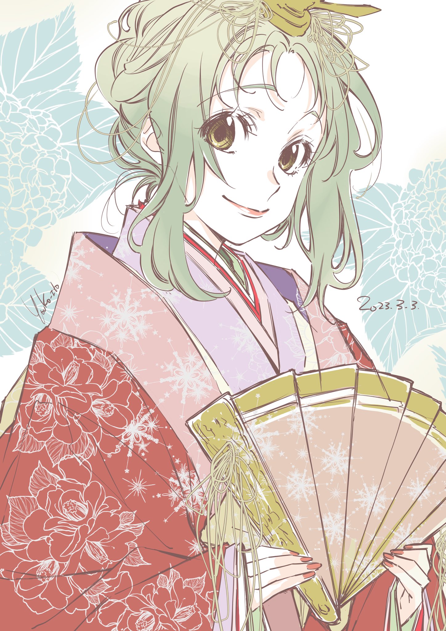 1girl amanchu! artist_name brown_eyes closed_mouth dated eyelashes floral_background floral_print folding_fan forehead green_hair hand_fan highres hirabitai holding holding_fan itou_youko japanese_clothes karaginu_mo kimono kohinata_hikari looking_at_viewer print_kimono red_kimono red_nails sidelocks signature smile solo upper_body wide_sleeves