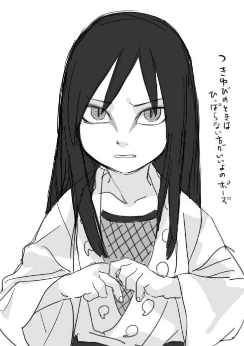 aged_down black_hair eyeliner holding_finger japanese_clothes japanese_text kimono kutuyatti long_hair long_sleeves looking_at_viewer makeup monochrome naruto_(series) nervous orochimaru_(naruto) pale_skin slit_pupils translation_request
