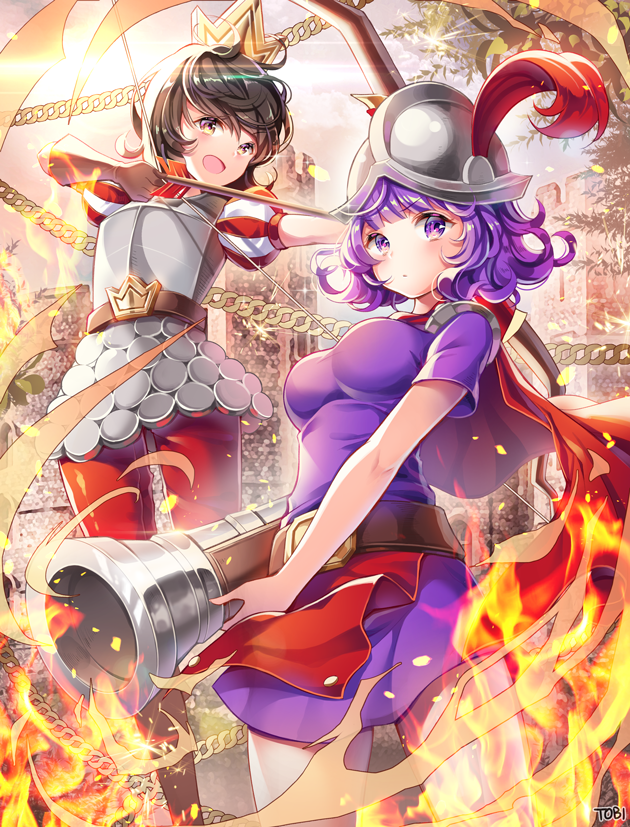 2girls antique_firearm armor arrow_(projectile) artist_name bad_id bad_pixiv_id blunderbuss blush bow_(weapon) breastplate breasts cape chain character_request clash_royale crown dress fantasy fire firearm gun helmet holding holding_bow_(weapon) holding_gun holding_weapon looking_at_viewer looking_away medium_breasts multiple_girls musketeer_(clash_royale) open_mouth pants purple_dress purple_eyes purple_hair red_cape red_pants short_dress short_hair short_sleeves smile standing tobi_(mue86) wavy_hair weapon