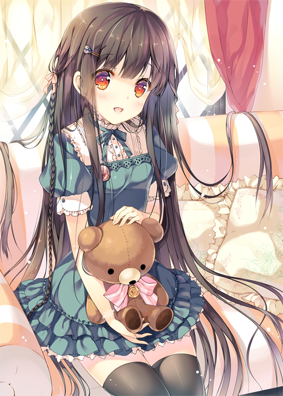 1girl :d absurdly_long_hair aqua_dress black_hair black_thighhighs braid brooch couch curtains dress female_focus frilled_dress frills green_dress hair_ornament hair_ribbon hairclip jewelry long_hair miwabe_sakura open_mouth original patterned_upholstery pillow red_eyes ribbon sheer_curtains single_braid sitting smile solo striped_upholstery stuffed_animal stuffed_toy teddy_bear thighhighs very_long_hair zettai_ryouiki