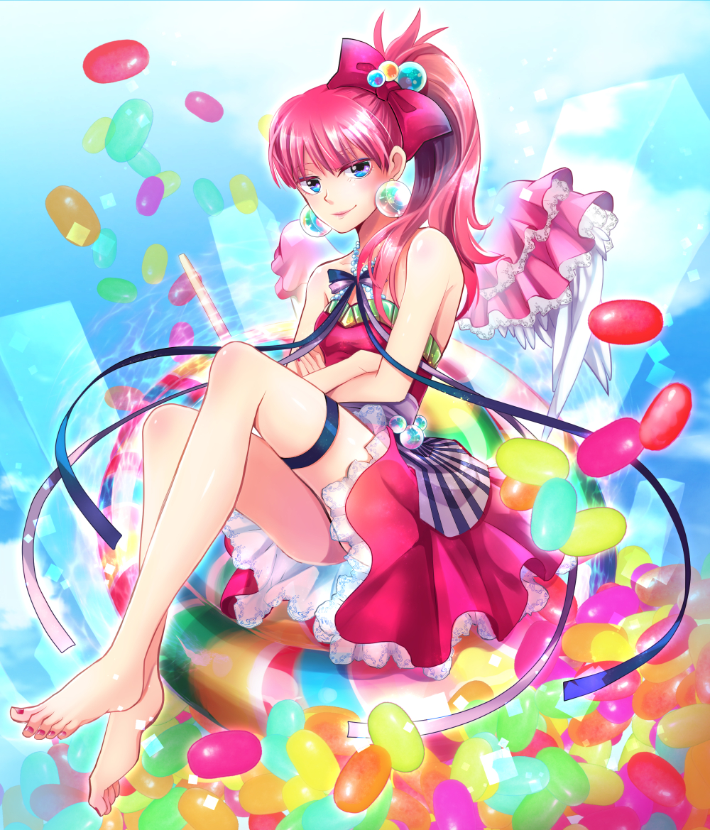 1girl bare_shoulders barefoot blue_eyes candy crossed_arms dress earrings feet female_focus food gradient_background hair_ribbon himerinco jelly_bean jewelry legs long_hair nail_polish original ponytail red_hair ribbon smile solo strapless strapless_dress toenail_polish toenails toes wings