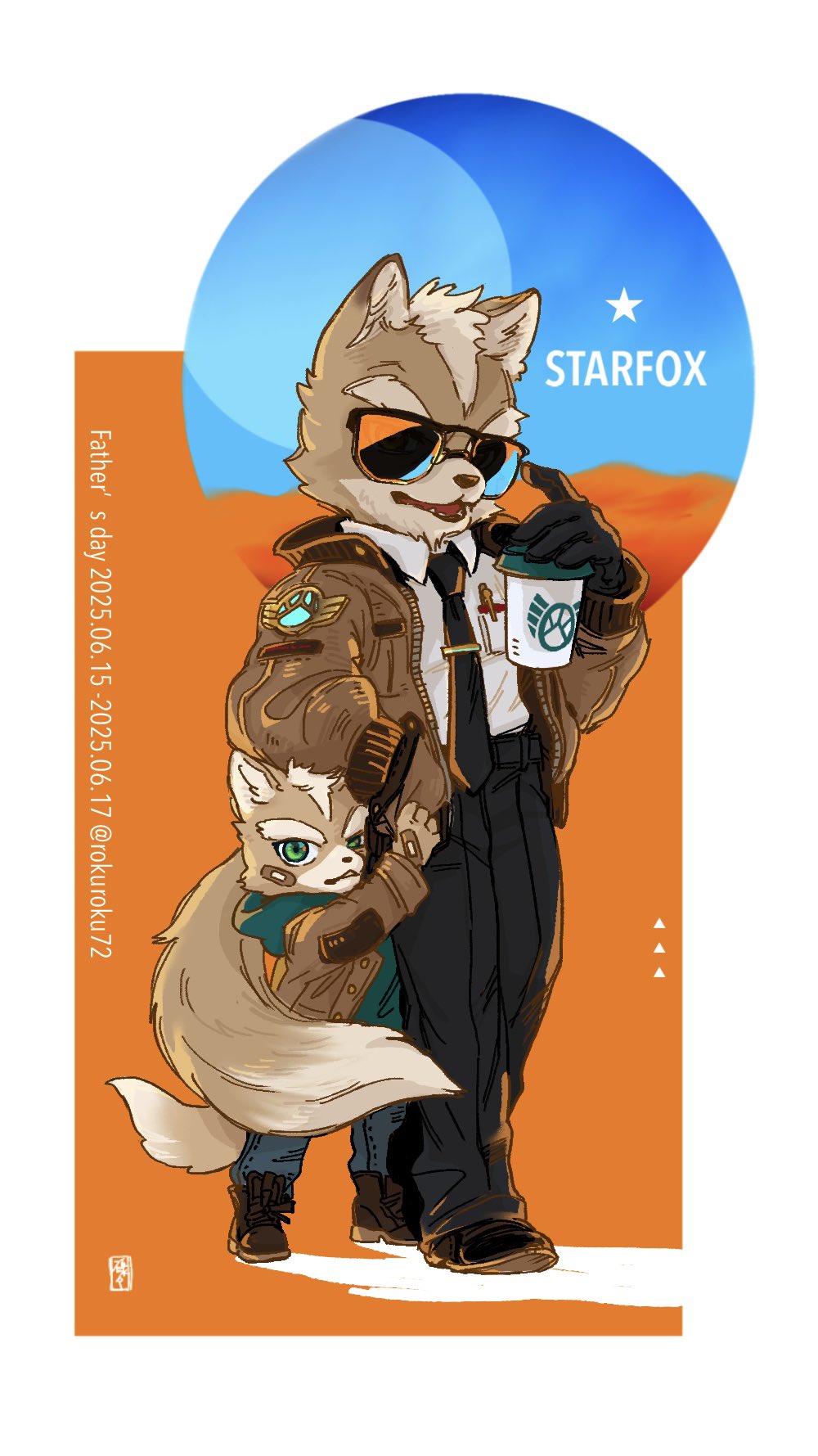 2025 2boys aged_down alternate_costume bandaid bandaid_on_face boots copyright_name cup dated disposable_coffee_cup disposable_cup father&#039;s_day father_and_son fox_mccloud full_body green_eyes highres jacket james_mccloud looking_at_viewer multiple_boys necktie nintendo orange_background rokuroku72 standing star_fox sunglasses
