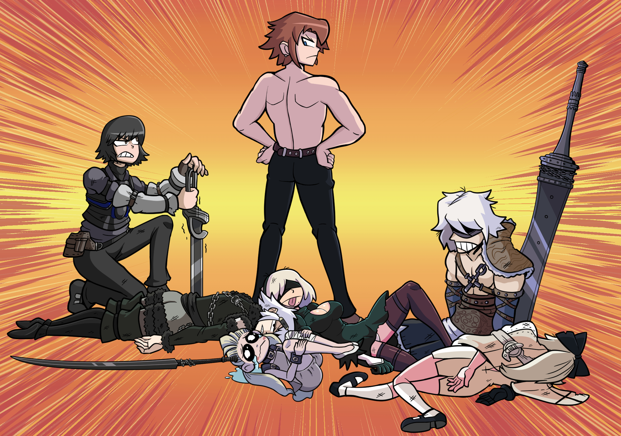 2b_(nier:automata) action_lines angry armor bandaged_leg bandages belt black_dress black_eyes black_hair blue_eyes blush bow brown_hair caim_(drag-on_dragoon) chain commission commissioner_upload damaged detached_sleeves drag-on_dragoon drag-on_dragoon_1 drag-on_dragoon_2 drag-on_dragoon_3 dress facing_away family_guy_death_pose_(meme) fio_(nier) frown greatsword hair_bow hair_ornament highres kevin_arthur kneeling long_hair looking_back low_twintails lying mole nier nier:automata nier_(brother) nier_(father) nier_(series) nier_reincarnation non-web_source nowe on_back on_stomach orange_background panties pants ponytail shoes short_hair shoulder_pads simple_background socks sword tears tongue tongue_out topless_male torn_clothes twintails underwear weapon white_dress white_hair zero_(drag-on_dragoon)