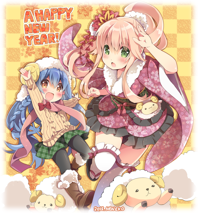 2015 2girls artist_name bag black_pantyhose blue_hair boots braid brown_boots commentary_request dated floral_print floral_print_kimono frilled_kimono frilled_thighhighs frills fur-trimmed_boots fur-trimmed_kimono fur_trim green_eyes green_skirt hair_flaps hair_ornament hand_on_own_head happy_new_year japanese_clothes kimono long_hair long_sidelocks long_sleeves looking_at_viewer multiple_girls neneko-n new_year obi okobo open_mouth original pantyhose pink_hair pink_kimono pink_scarf plaid_clothes plaid_skirt platform_sandals pom_pom_(clothes) pom_pom_hair_ornament ponytail print_kimono sandals sash scarf sheep shoulder_bag sidelocks skirt smile sweater thighhighs white_thighhighs wide_sleeves yellow_eyes yellow_sweater