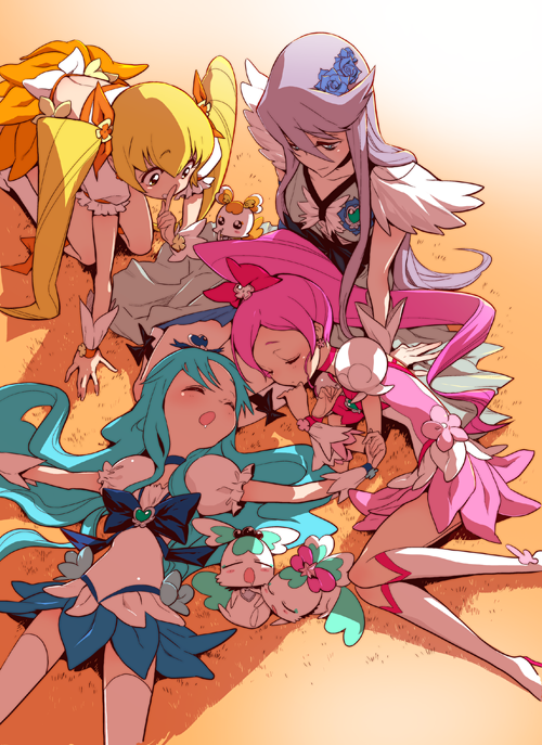10s 4girls blonde_hair blue_hair blue_skirt boots bow brooch choker chypre_(heartcatch_precure!) closed_eyes coffret_(heartcatch_precure!) cure_blossom cure_marine cure_moonlight cure_sunshine drooling flower hair_bow hair_flower hair_ornament hair_ribbon hanasaki_tsubomi heart heart_brooch heartcatch_precure! high_ponytail jewelry kurumi_erika light_purple_hair long_hair lying magical_girl midriff multiple_girls myoudouin_itsuki on_back open_mouth orange_bow pink_bow pink_hair ponytail potpourri_(heartcatch_precure!) precure ribbon skirt sleeping thighhighs tsukikage_yuri twintails white_legwear zooya