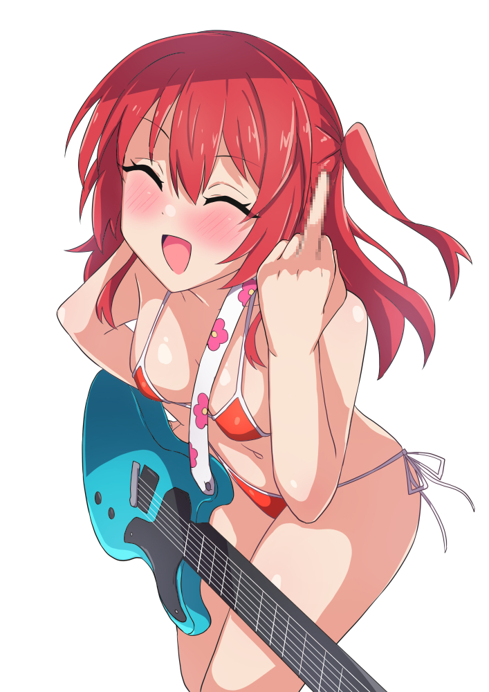 1girl bikini bocchi_the_rock! breasts censored closed_eyes electric_guitar guitar hair_between_eyes instrument ka-9 kita_ikuyo long_hair looking_at_viewer micro_bikini middle_finger mosaic_censoring navel one_side_up red_hair shiny_skin simple_background small_breasts solo standing swimsuit white_background
