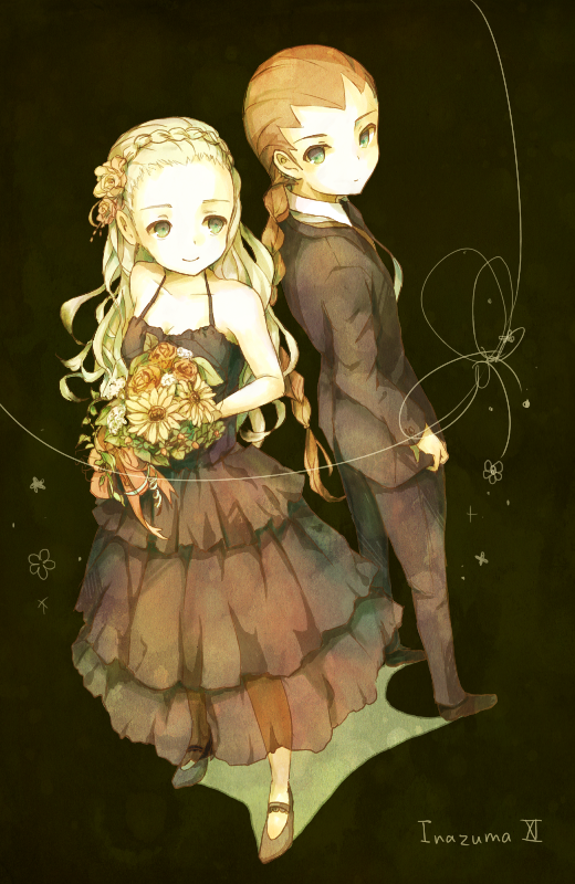 1boy 1girl bad_id bad_pixiv_id bouquet copyright_name dress eyebrows flower formal_clothes green_eyes guel inazuma_eleven inazuma_eleven_(series) long_hair magicsquare0 roman_numeral sein_(inazuma_eleven) smile suit