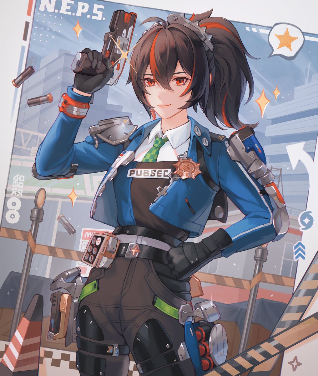 1girl ahoge black_gloves black_hair black_pants blue_jacket checkered_necktie clothes_writing collared_shirt commentary cowboy_shot earpiece english_commentary gloves green_necktie gun hair_intakes hair_ornament hand_on_own_hip handgun highres holding holding_gun holding_weapon holster jacket ladywaltz long_hair looking_at_viewer multicolored_hair necktie open_clothes open_jacket orange_eyes pants ponytail pouch shirt smile solo spoken_star star_(symbol) streaked_hair weapon white_shirt zenless_zone_zero zhu_yuan