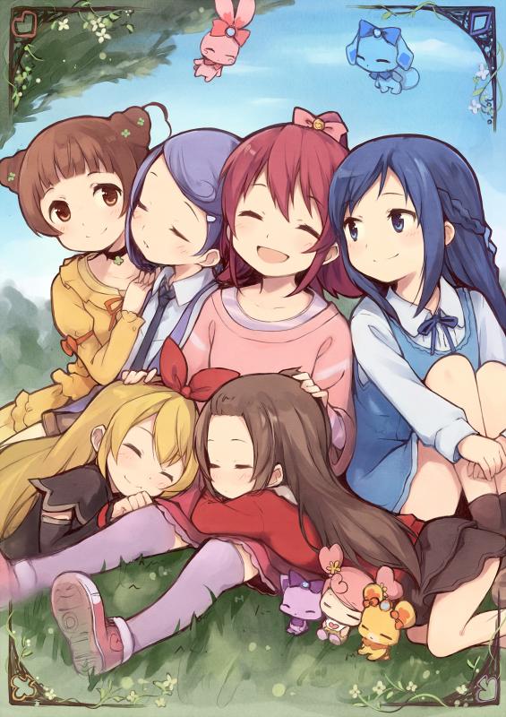 6+girls :d ^_^ ai-chan_(dokidoki!_precure) aida_mana black_legwear blonde_hair blouse blue_eyes blue_hair braid brown_eyes brown_hair casual closed_eyes creature davi_(dokidoki!_precure) day dokidoki!_precure dress closed_eyes girl_sandwich grass hair_bun hair_ribbon half_updo hand_on_another&#039;s_head hands_on_another&#039;s_shoulder happy heart_hair_bun hishikawa_rikka hugging_own_legs kenzaki_makoto kyuri lap_pillow long_hair madoka_aguri multiple_girls necktie open_mouth outdoors pink_shirt precure purple_hair purple_legwear rakeru_(dokidoki!_precure) rance_(dokidoki!_precure) red_hair regina_(dokidoki!_precure) ribbon sandwiched sharuru_(dokidoki!_precure) shirt skirt sleeping sleeping_on_person smile socks thighhighs yotsuba_alice