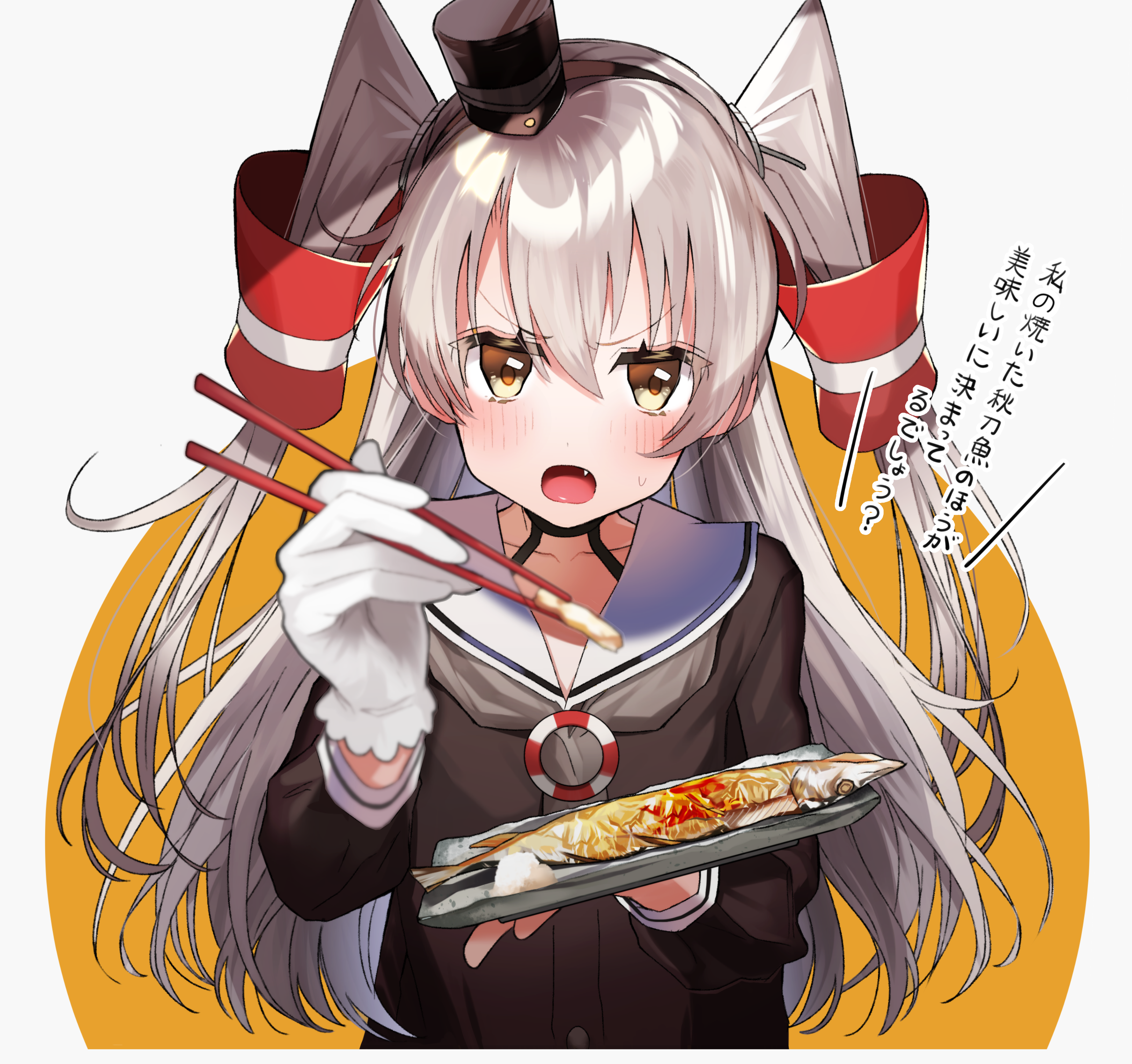 1girl absurdres amatsukaze_(kancolle) black_choker black_hairband black_shirt choker chopsticks collarbone dress fang feeding fish gloves grey_hair hair_between_eyes hair_tubes hairband hat highres holding holding_chopsticks holding_plate incoming_food kantai_collection long_hair long_sleeves looking_at_viewer mini_hat plate pomu_(pomu_me) sailor_collar sailor_dress shirt simple_background sitting smile smokestack_hair_ornament solo tilted_headwear translated upper_body v-shaped_eyebrows very_long_hair white_gloves white_sailor_collar yellow_eyes
