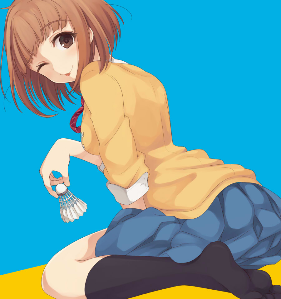 10s 1girl ;p blush brown_eyes brown_hair commentary_request feet female_focus idolmaster idolmaster_cinderella_girls idolmaster_cinderella_girls_starlight_stage kitami_yuzu looking_at_viewer no_shoes one_eye_closed school_uniform shirousagi_una short_hair shuttlecock socks solo tongue tongue_out