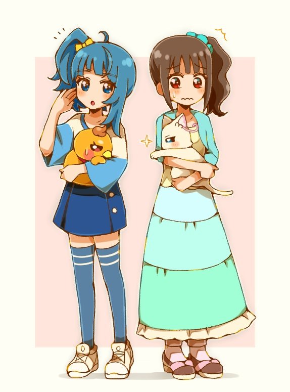 1boy 3girls animal aqua_jacket aqua_skirt bird blue_eyes blue_hair blue_shirt blue_skirt blue_thighhighs brown_hair cat cropped_jacket frown full_body hirogaru_sky!_precure holding holding_animal holding_bird in-franchise_crossover jacket long_skirt looking_at_another medium_hair multiple_girls nekoyashiki_mayu nekoyashiki_yuki nekoyashiki_yuki_(cat) precure red_eyes shirt shoes side_ponytail skirt sneakers socks sora_harewataru standing sweatdrop thighhighs wavy_hair wavy_mouth white_cat wonderful_precure! yuu13 yuunagi_tsubasa yuunagi_tsubasa_(bird)