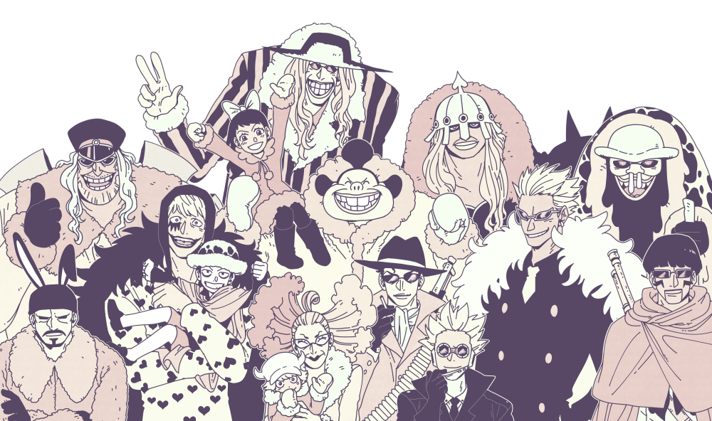 2girls 6+boys aged_down animal_ears baby_5 black_hair black_suit blonde_hair bow buck_teeth buffalo_(one_piece) dellinger_(one_piece) diamante_(one_piece) donquixote_doflamingo donquixote_rocinante facial_hair feather_coat formal_clothes fur_trim giolla gladius_(one_piece) gloves gun hair_bow heart heart_print helmet horns lao_g_(one_piece) long_hair machvise makeup multiple_boys multiple_girls necktie one_piece pica_(one_piece) prepbon rabbit_ears senor_pink short_hair shorts smile snot suit sunglasses teeth trafalgar_law trebol_(one_piece) vergo_(one_piece) weapon winter_clothes