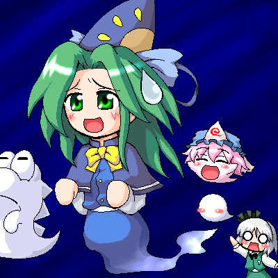 2girls :o =_= ^_^ arm_up blue_background blush blush_stickers boo_(mario) bow bowtie buttons capelet closed_eyes crossover eerie eerie_(super_mario_world) flying ghost green_eyes green_hair hairband hat hitodama konpaku_youmu konpaku_youmu_(ghost) long_hair long_sleeves lowres mario_(series) mima_(touhou) multiple_girls myonde nintendo no_pupils o_o oekaki open_mouth parody pink_hair saigyouji_yuyuko short_hair skirt skirt_set super_mario_world super_marisa_world sweatdrop touhou touhou_(pc-98) vest white_hair wizard_hat