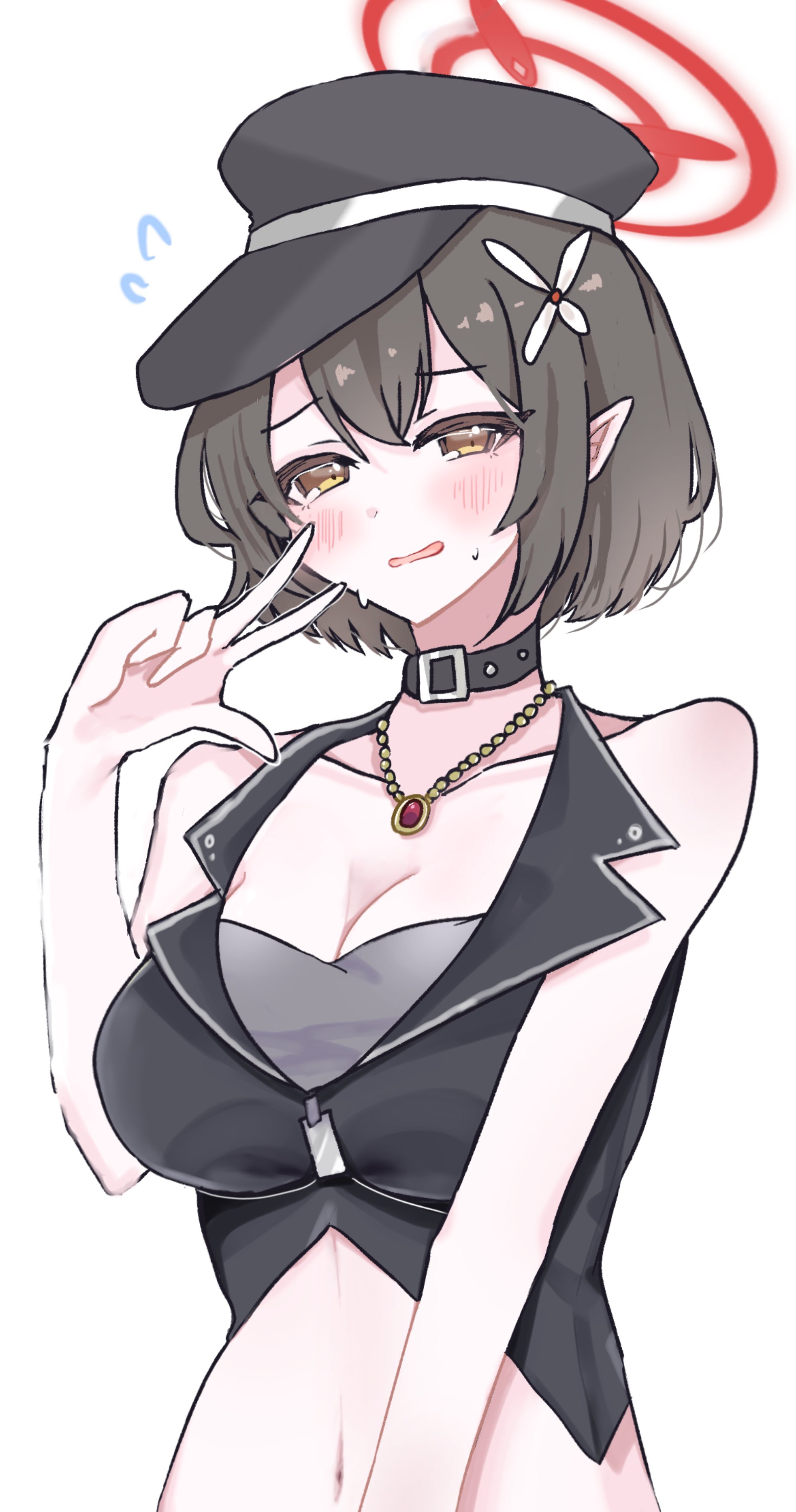 1girl absurdres ayane_(blue_archive) ayane_(idol)_(blue_archive) bare_shoulders black_hat blue_archive breasts brown_eyes brown_hair cleavage commentary flying_sweatdrops halo hand_up hat highres idol_clothes jewelry looking_at_viewer navel necklace nemui_(xjqfw) official_alternate_costume peaked_cap pointy_ears red_halo short_hair simple_background solo sweat upper_body w white_background yellow_eyes