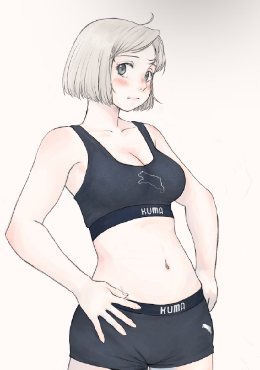 1girl black_bra black_panties black_underwear blush boxer_briefs boyshort_panties bra grey_eyes grey_hair imocyber male_underwear original panties puma_(brand) sports_bra sports_panties underwear underwear_only