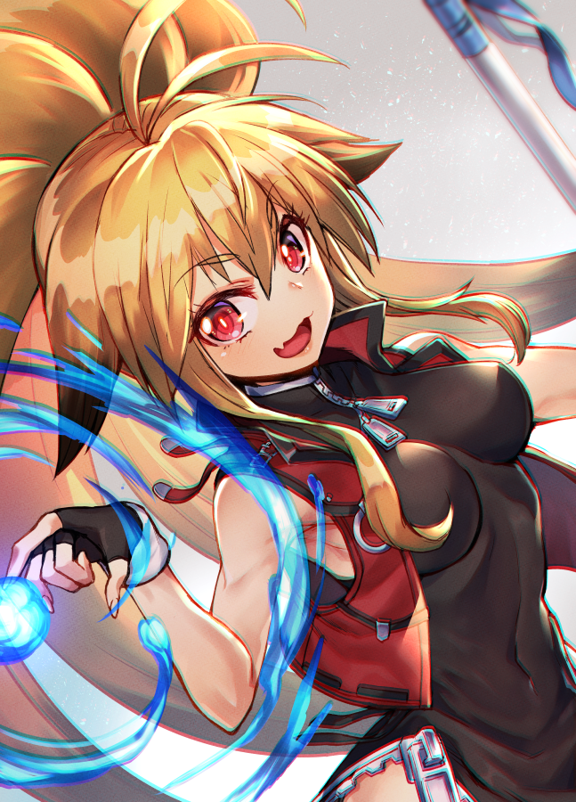1girl ahoge animal_ears armpits blonde_hair breasts casting_spell china_dress chinese_clothes dress dutch_angle fang fingerless_gloves fox_ears gloves long_hair matsumoto_tomoyohi medium_breasts multicolored_hair namco_x_capcom open_mouth pelvic_curtain ponytail project_x_zone red_eyes shakujou skin_fang smile solo staff two-tone_hair upper_body vest weapon xiaomu zipper