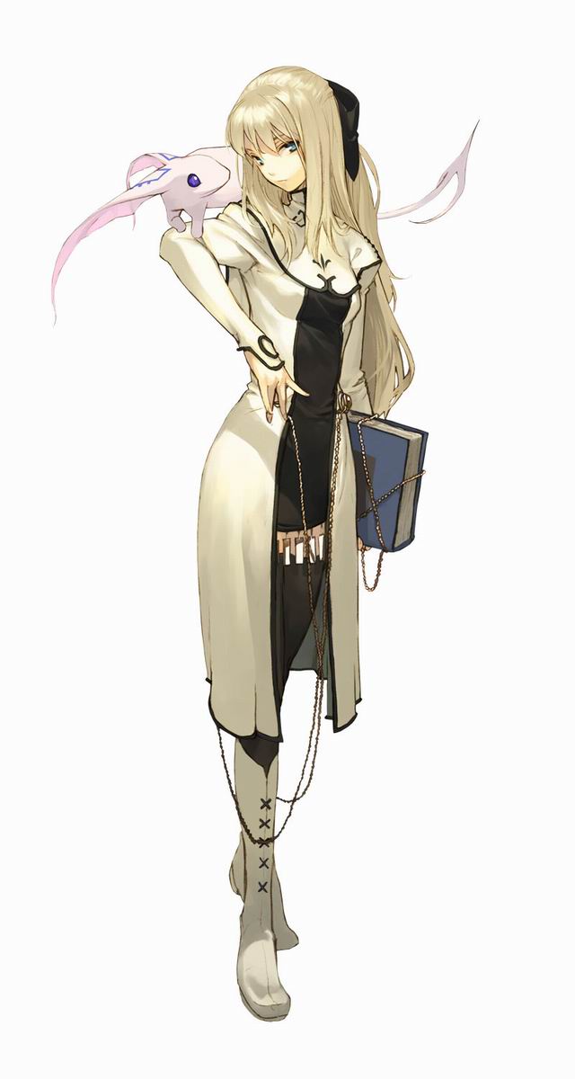 1girl blonde_hair blue_eyes book boots chain cyrille_(shining_force_exa) half_updo highres knee_boots long_hair pako_(pakosun) sega shining_(series) shining_force_exa thighhighs zhirra