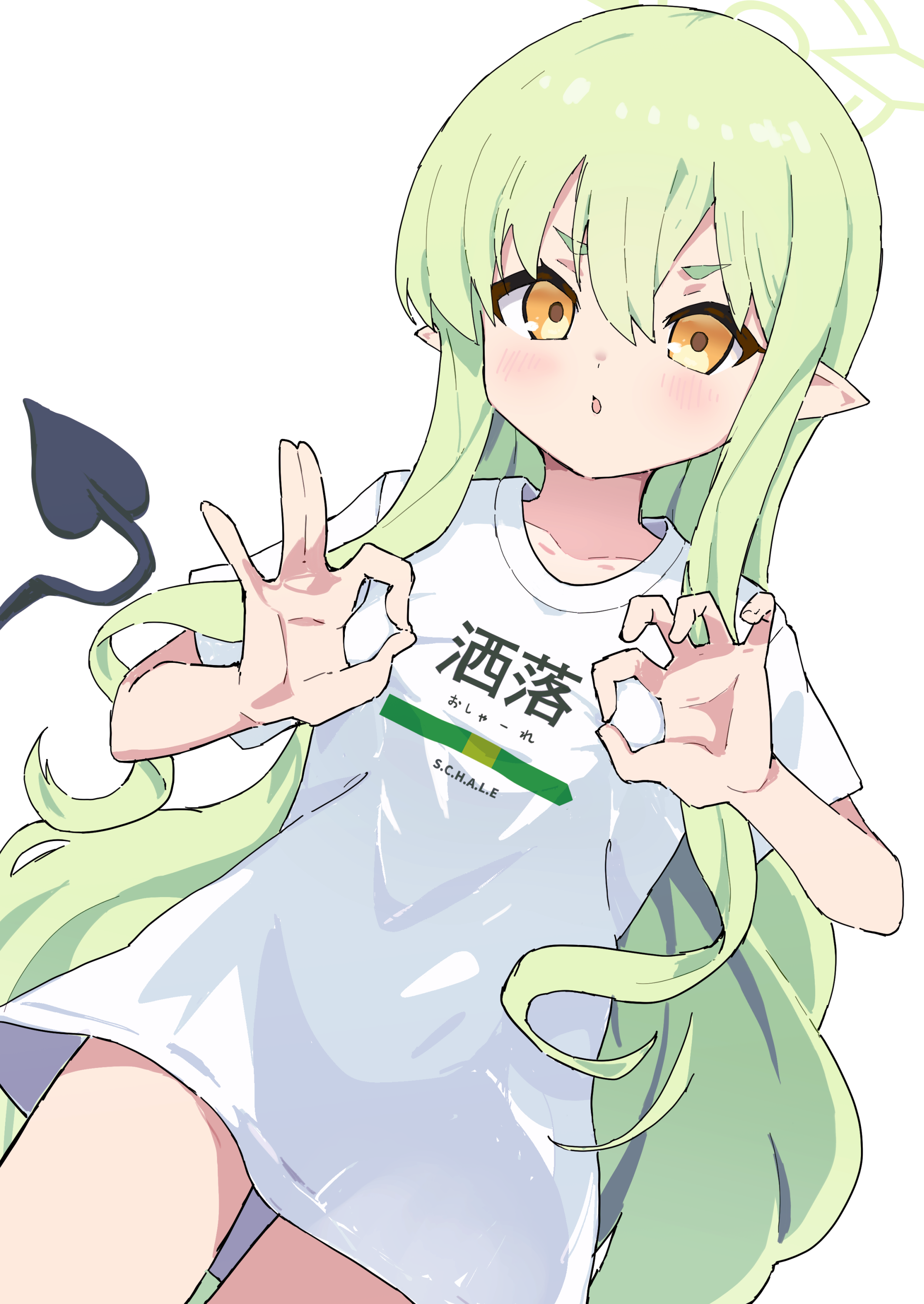 1girl absurdres blue_archive breasts collarbone commentary_request demon_girl demon_tail green_hair green_halo halo highres hikari_(blue_archive) long_hair looking_at_viewer open_mouth orange_eyes paid_reward_available pointy_ears simple_background small_breasts solo tail textless_version transparent_background v-shaped_eyebrows very_long_hair yucblossom