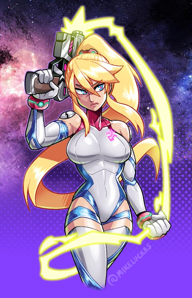 1girl blonde_hair blue_eyes breasts leotard long_hair looking_at_viewer metroid metroid_dread mike_luckas multicolored_clothes nintendo paralyzer ponytail samus_aran solo super_smash_bros. whip zero_suit