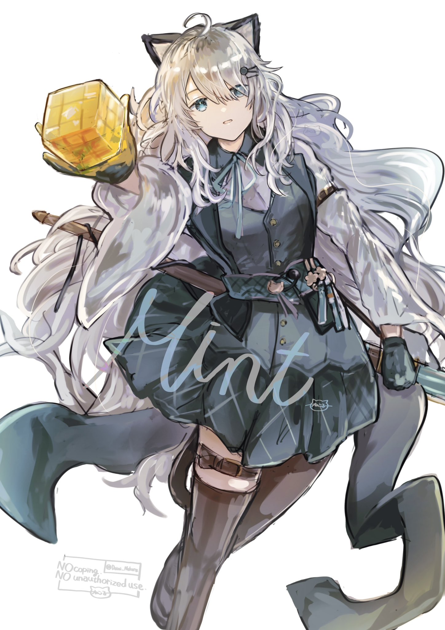 1girl ahoge animal_ears aqua_eyes aqua_ribbon arknights asymmetrical_legwear brown_pantyhose brown_thighhighs buttons character_name commentary eyes_visible_through_hair gloves green_gloves grey_hair hair_between_eyes hair_ornament hairclip highres holding long_hair mint_(arknights) navel neck_ribbon outstretched_arm pantyhose parted_lips ribbon simple_background single_leg_pantyhose single_thighhigh solo thighhighs tukaima uneven_legwear very_long_hair watermark white_background